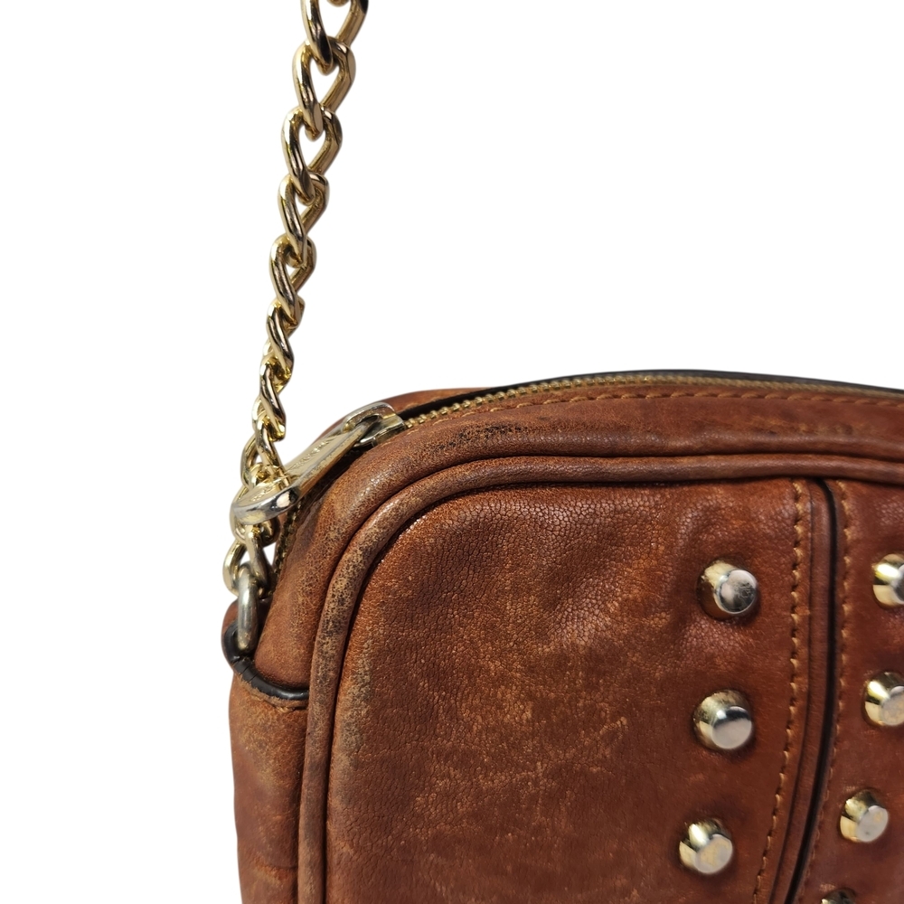 Michael Kors Brown Leather Uptown Astor Small Crossbody Bag Purse Gold Stud - Picture 9 of 13
